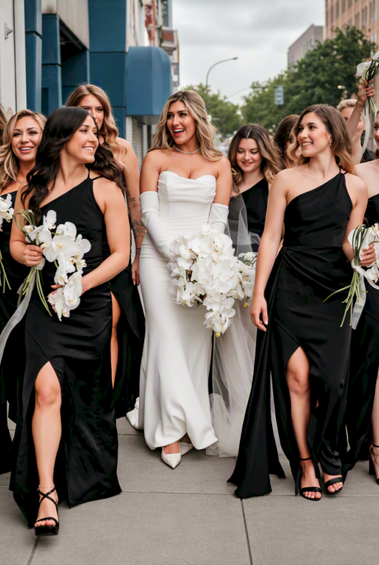 A group of women in black dresses and one bride in white walk outdoors, each holding white orchid bouquets.