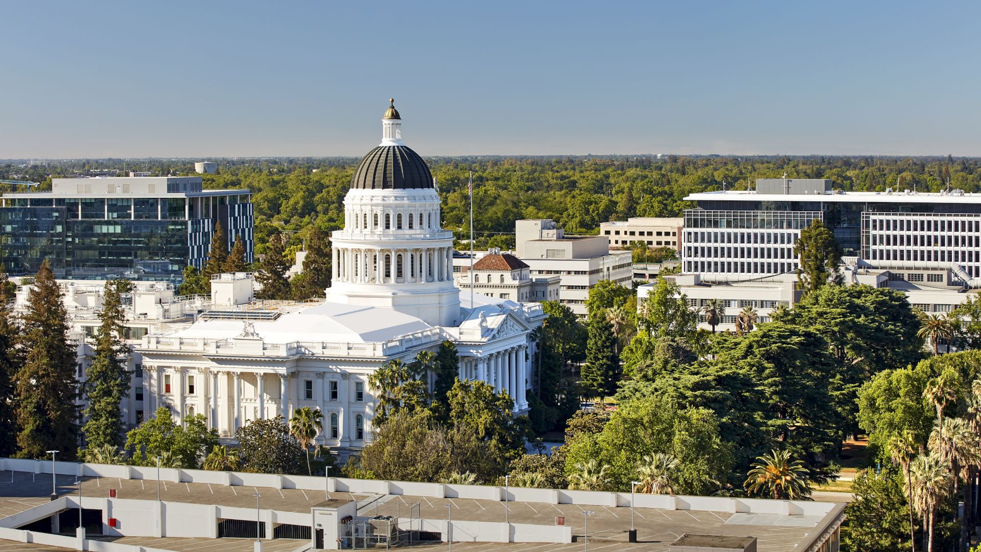 Aerial view of a white neoclassical building with a large domed roof amid office buildings and lush green trees.