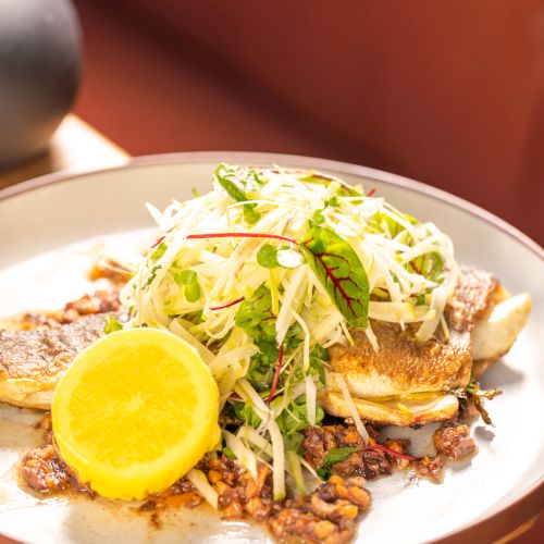 A plated grilled fish topped with lemon and a crunchy cabbage sprout salad with microgreens and herbs.