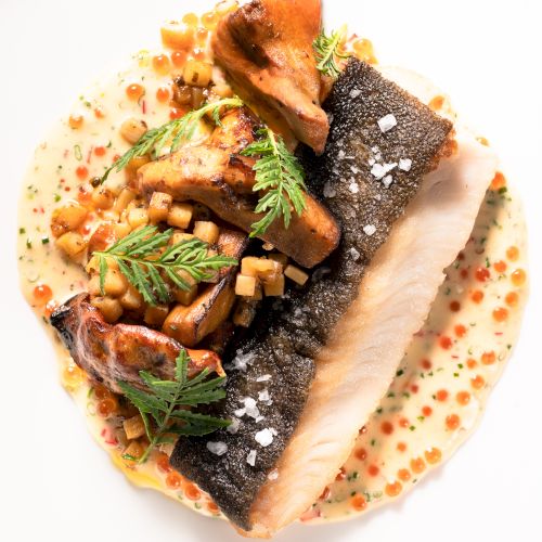 A plated gourmet dish with seared meat and a creamy sauce, topped with herbs and crispy seasoning.