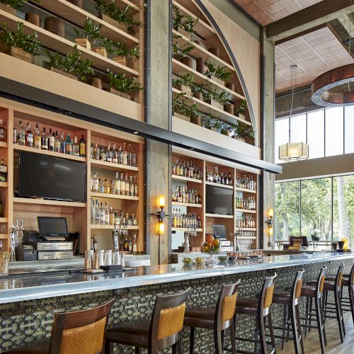 A modern bar with bottle shelves, green plants, pendant lamps, and a polished counter with stools.