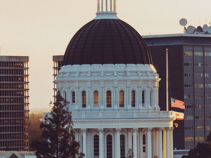 The US Capitol&rsquo;s white dome rises above trees and buildings at dusk, with a flag waving nearby.