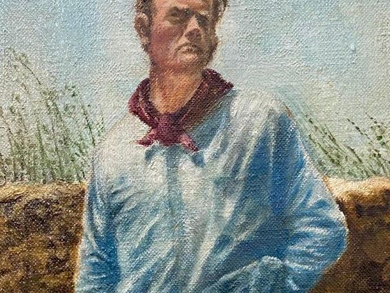 A painted portrait of a man in a blue shirt sitting outdoors by bushes and a fence.