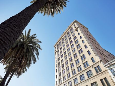 A towering historic building with ornate windows, framed by tall palm trees against a clear blue sky.